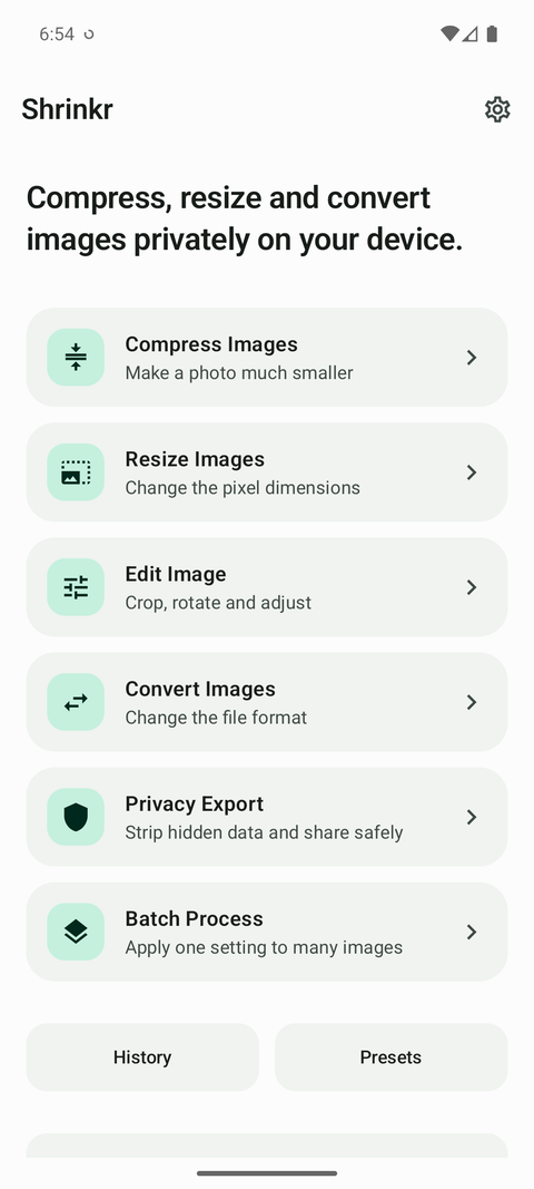 Shrinkr Android app home screen showing compress, resize and convert tools